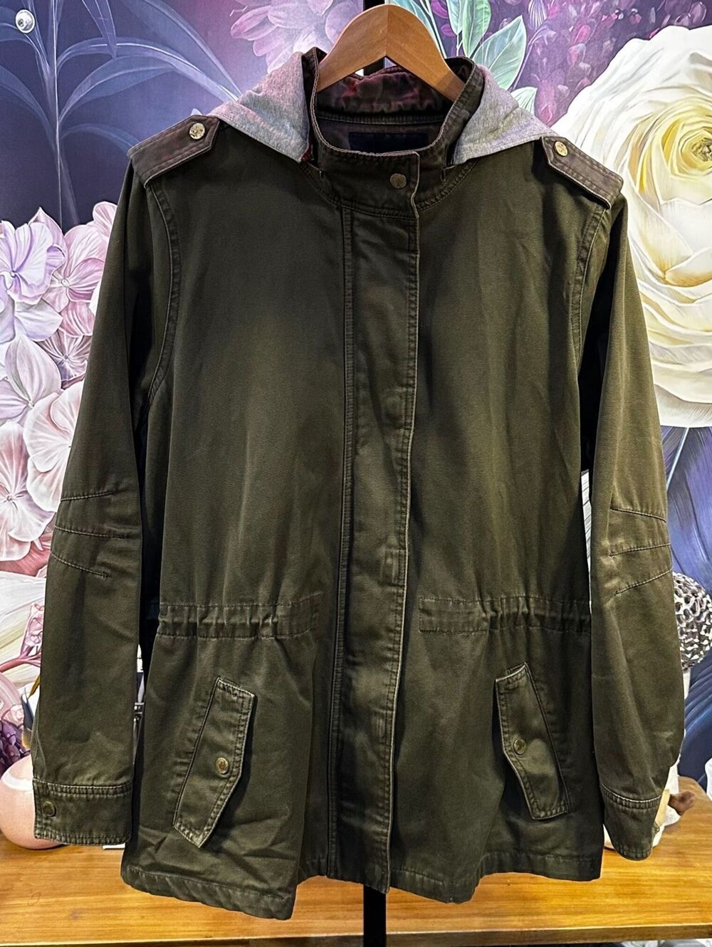 Forever 21+ 100% Cotton Utility Washed Jacket Removable Hood Military Epaulet